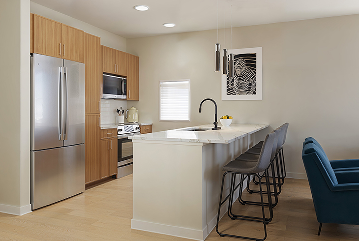 modern apartment kitchen with stainless steel appliances