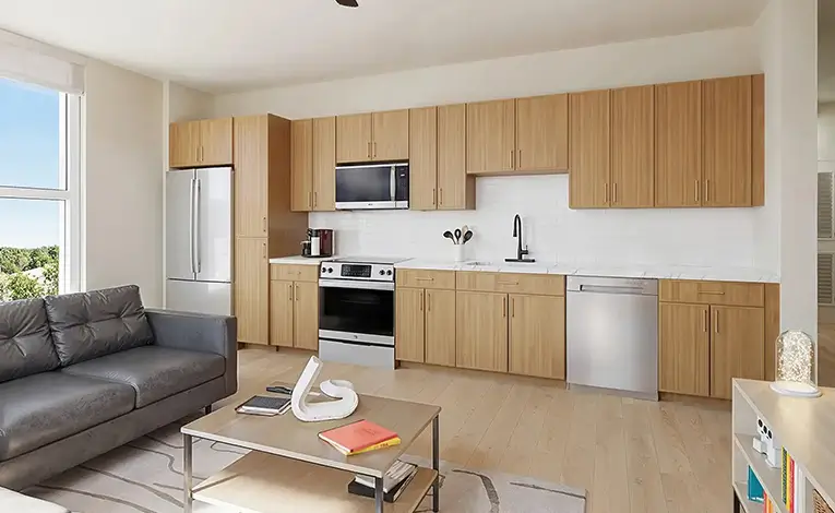 a furnished living room/ kitchen area